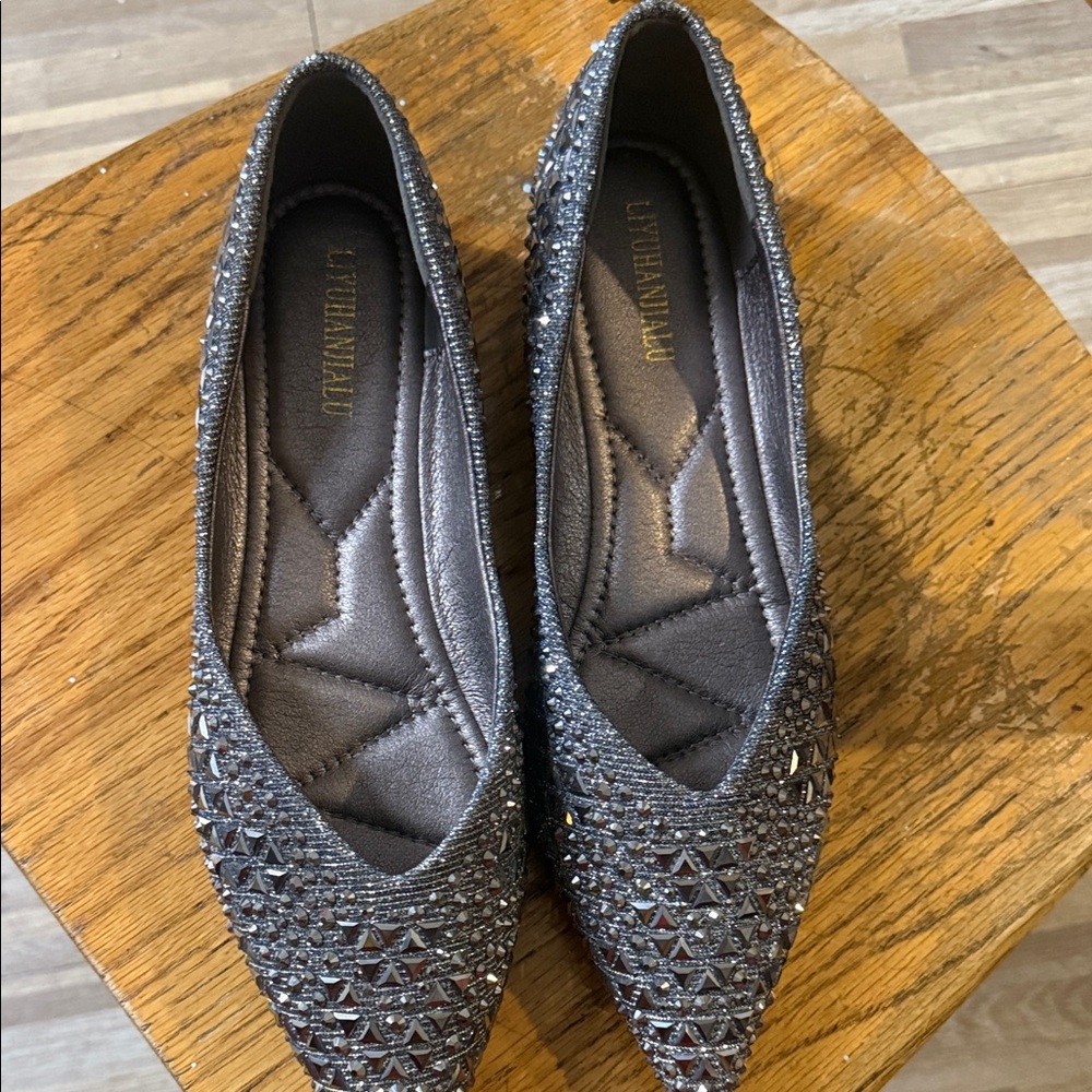 Life Stride Gunmetal Crystal Pointed Toe Flats
